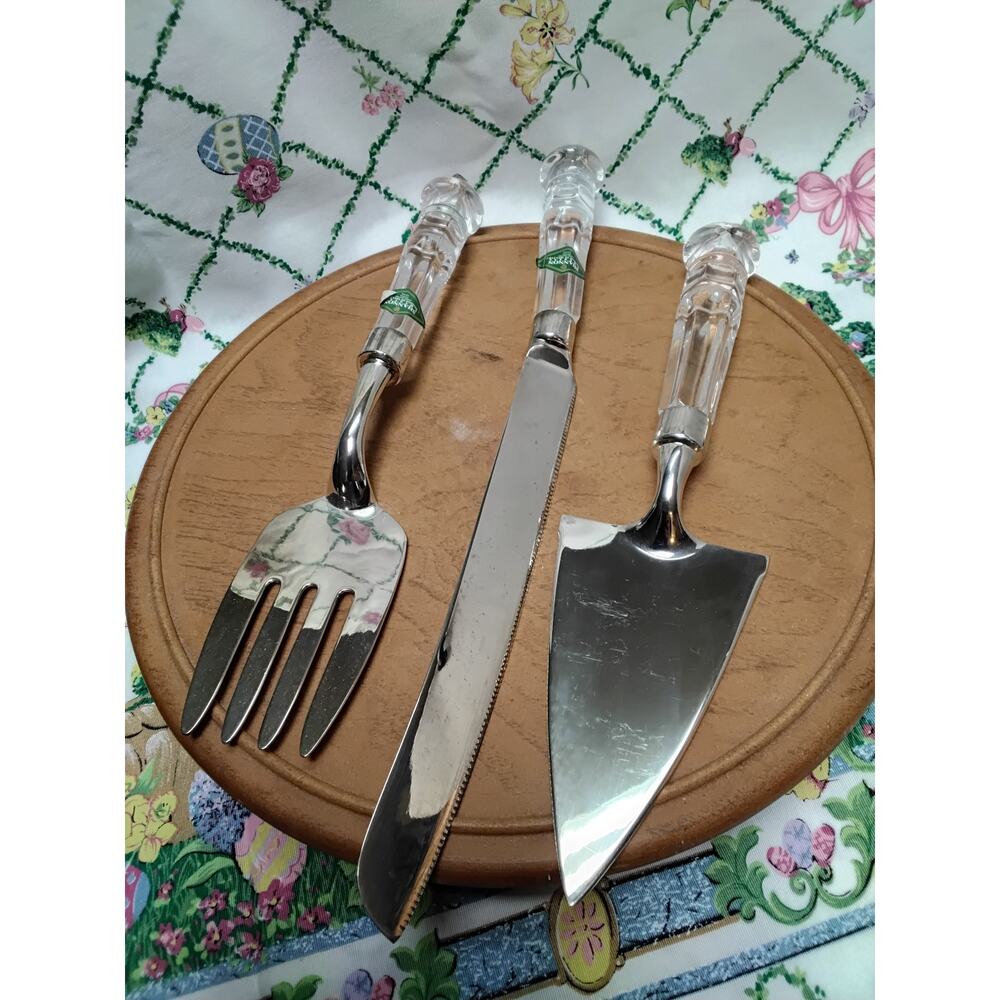 Shannon Crystal Handle Serving Knife Cake Server and Fork Silver plate